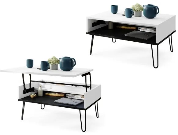 Dohányzóasztal emelhető asztallappal és polccal HALIJA fehér/fekete