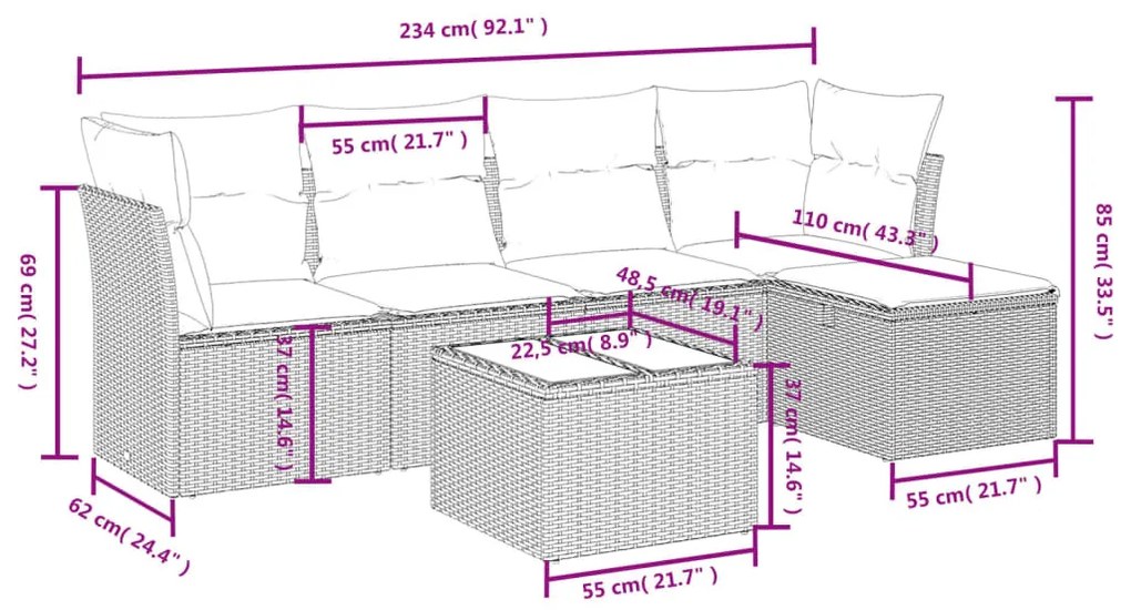 6 részes szürke polyrattan kerti ülőgarnitúra párnákkal