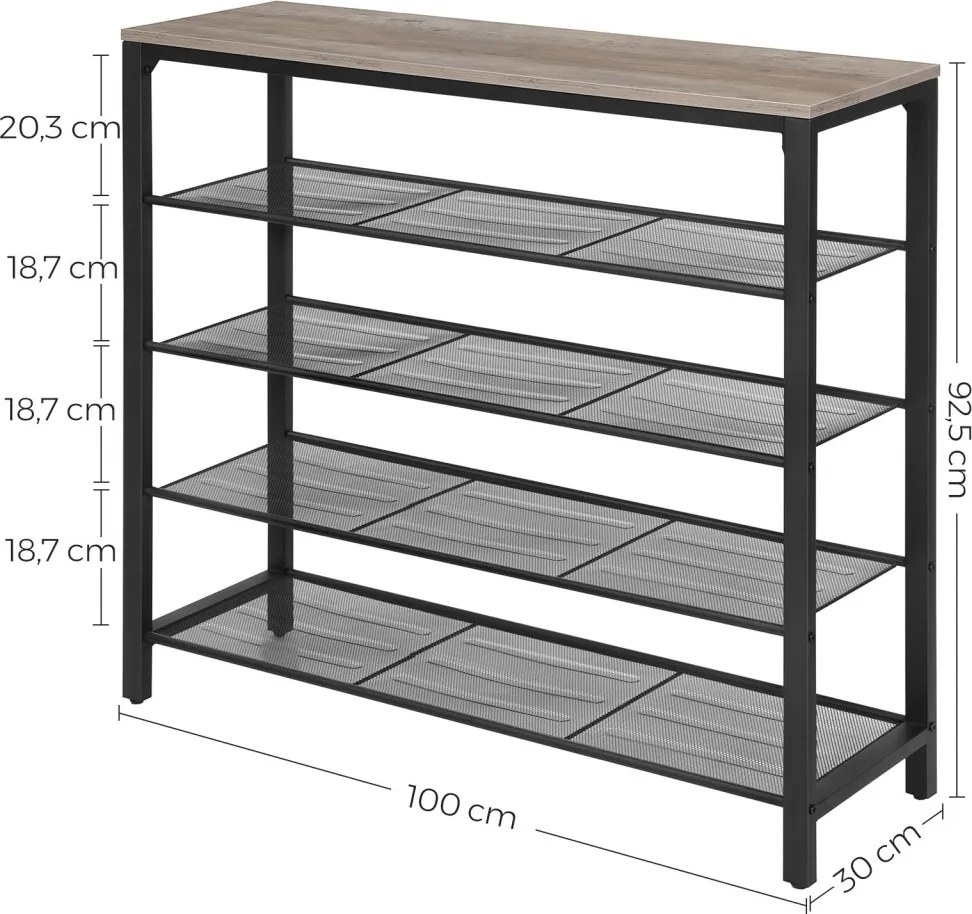 Cipőtároló polc 4 fém hálós polccal, greige 100x30x92cm