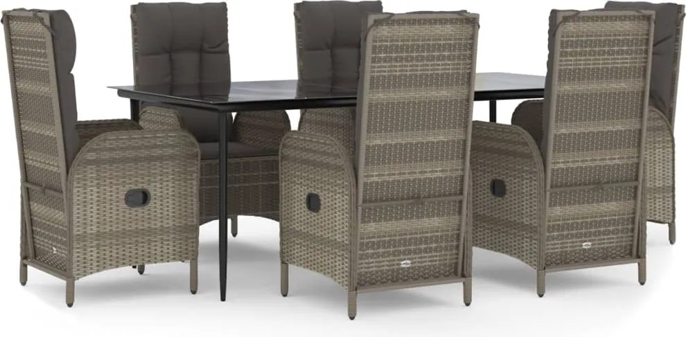 vidaXL 7 részes fekete és szürke polyrattan kerti étkezőszett párnával