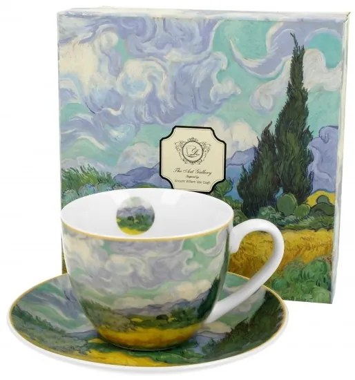 Bögre tányérral Wheat Field porcelán többszínű 7x9x12 cm Van Gogh: Búzamező ciprusokkal
