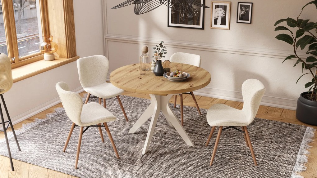 MAZZONI EXPORT ALTEA Crème (tissu Monza 90)/pieds en chêne naturel - CHAISE MODERNE BOUCLÉ POUR SALON/SALLE À MANGER/CUISINE/BUREAU