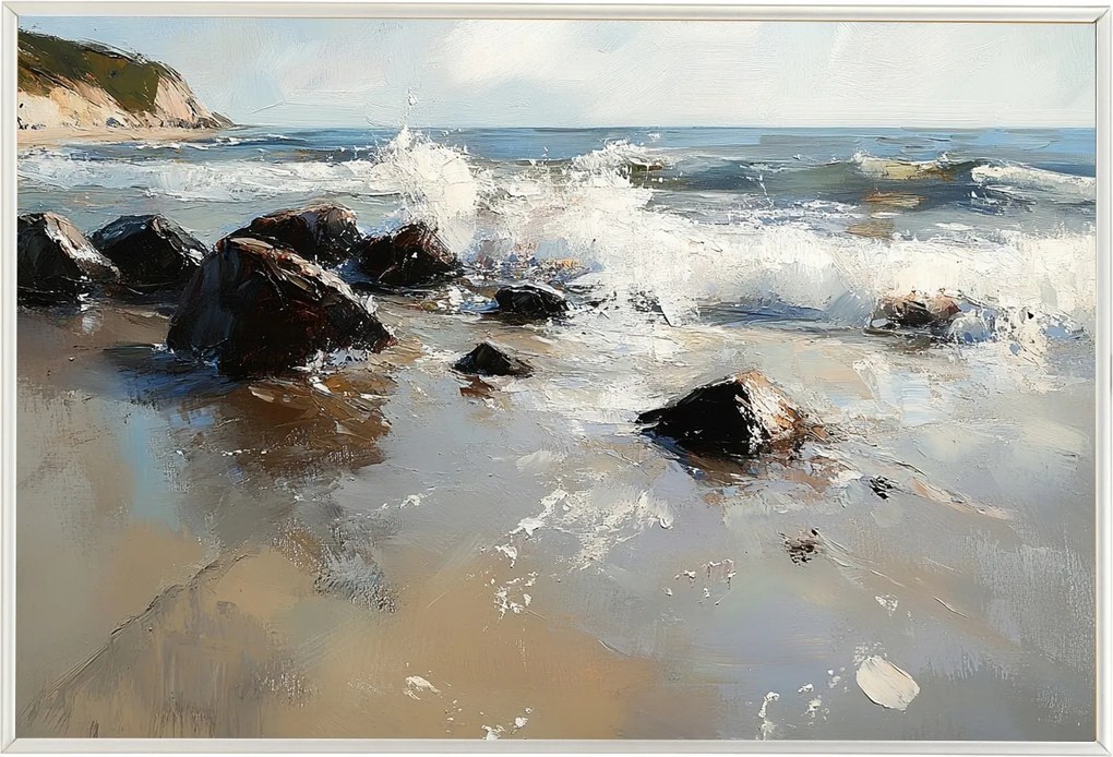 Poszter Keret Alumínium Tájkép Tenger Tengerpart Szikla Kövek Sziklák Hullámok 60x40