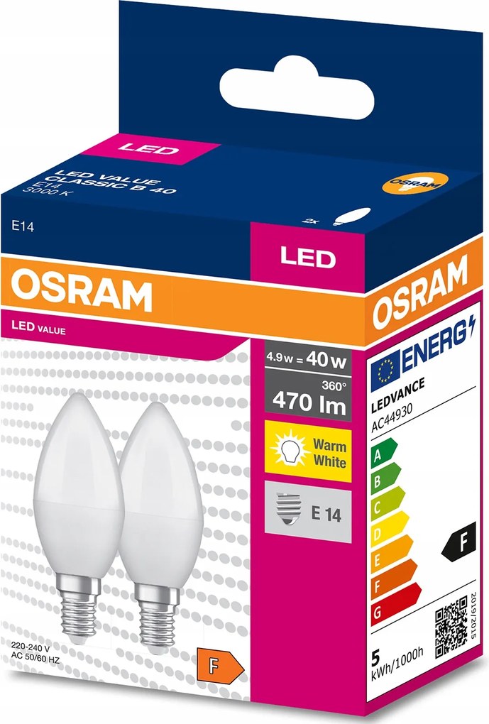 2x Led izzó E14 B37 4,9W 40W 470lm 3000K Meleg 220° Osram Value