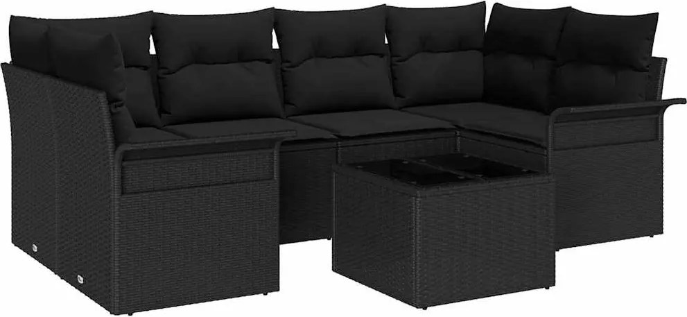 vidaXL Kerti Kanapé Szett 7 pcs Fekete Poli rattan és acél és üveg