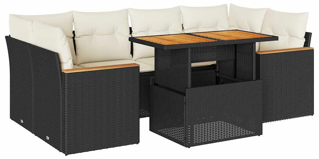 6 részes fekete polyrattan akácfa kerti ülőgarnitúra párnákkal