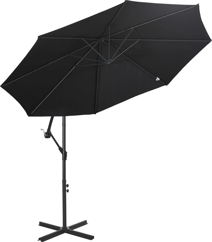 Outsunny Lengőernyő Ø300 cm Dőlésszögállítható Napernyő UV Védelemmel, Kézi Kurblis Napernyő Állvánnyal, Piacernyő, Kert Napernyő Terasz Fényvédő Feke