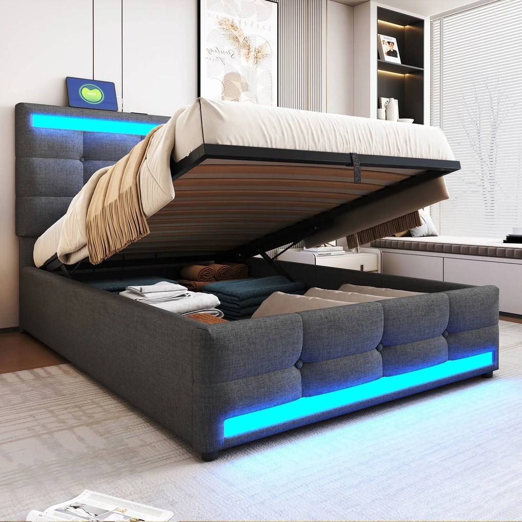 Kárpitozott ágy Hidraulikus Usb Led gyerekágy 90X200CM szürke