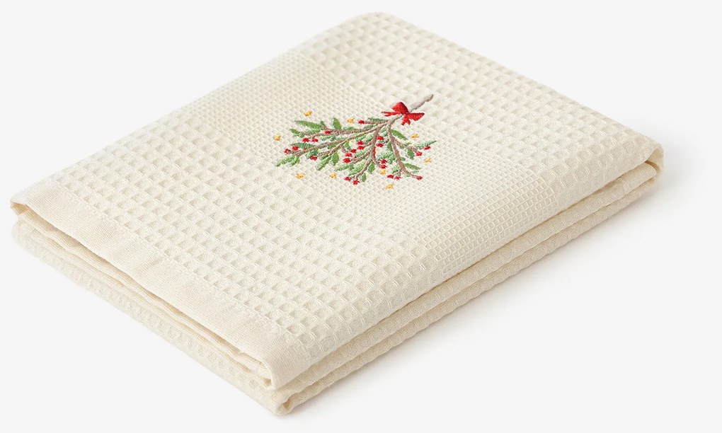 Goldea karácsonyi hímzett waffle konyharuha - fagyöngy krém alapon 50 x 70 cm