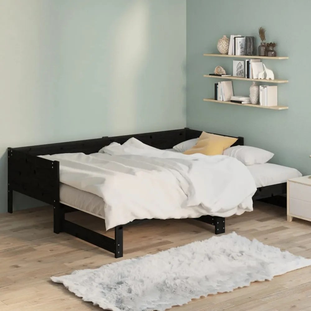 fekete tömör fenyőfa kihúzható kanapéágy 2x(80x200) cm
