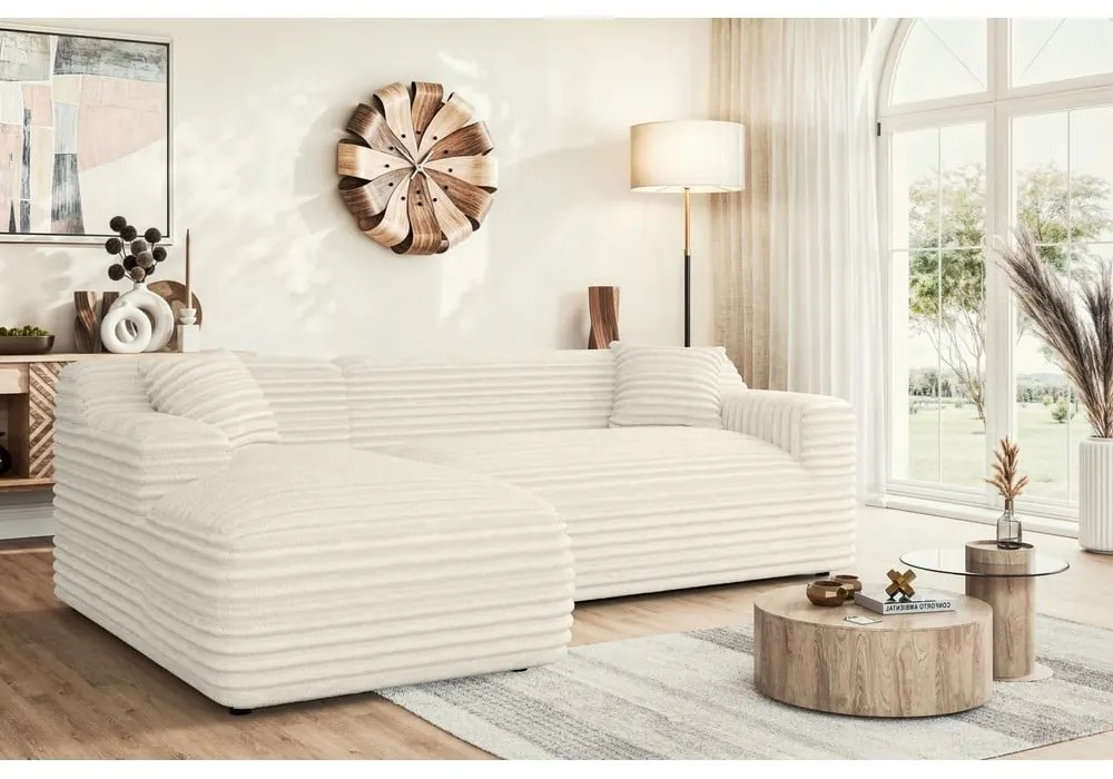 Krémszínű kordbársony sarokkanapé (bal oldali-heverő résszel) Martin – Ropez