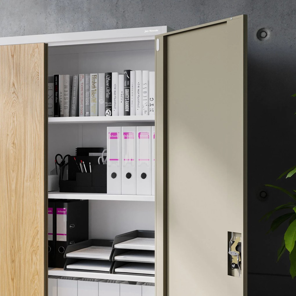 Fém irodai iratszekrény JAN II, Eco Design: fehér/sonoma tölgy