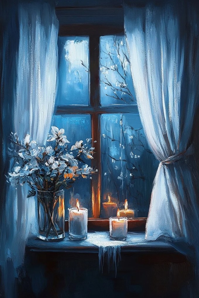 Vászonkép Canvas Ablak Este Éjszaka Gyertyák Virágok Hangulat Kilátás 80x120