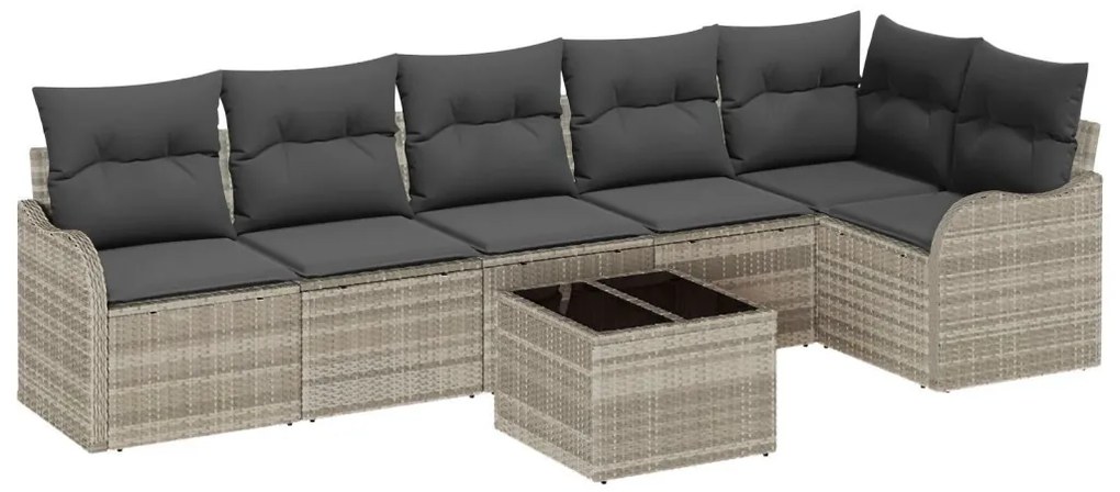 7 részes kerti kanapé szett párnákkal szürke Poly Rattan, 2 fős kerti kanapé tárolóval és párnákkal világosszürke Poly Rattan