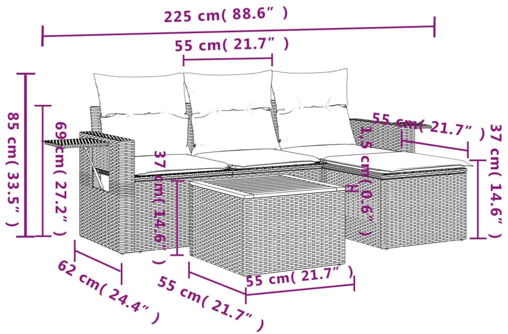 5 részes fekete polyrattan kerti kanapészett párnákkal