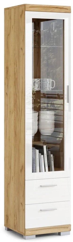 Mazzoni SIMPLE KWD1SZ2 vitrines szekrény Arany Tölgy/Fehér Fényes - KÖNYVESPOLC VITRINES SZEKRÉNY NAPPALIBA ÜVEG