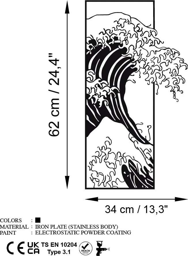 Fém fali dekoráció, wave, 34x62 cm