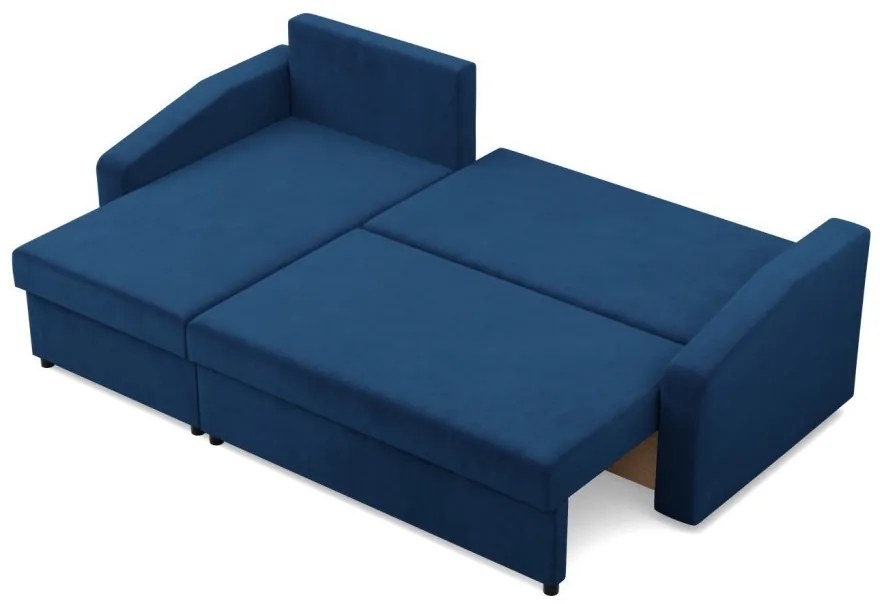 Zeus sarokkanapé, 2 ágyneműtartóval, döntött kartámasz, bársony, univerzális oldal, hab töltet, kék