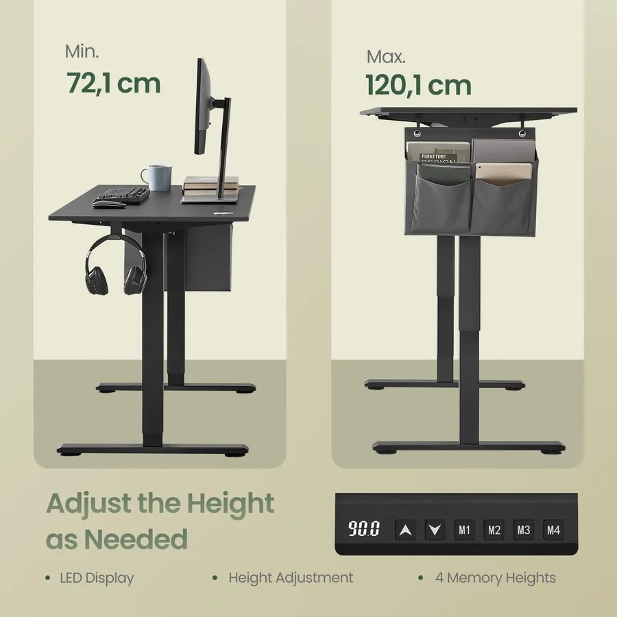 Elektromos állítható magasságú íróasztal, 160×70 cm, 4 memóriapozícióval, fekete