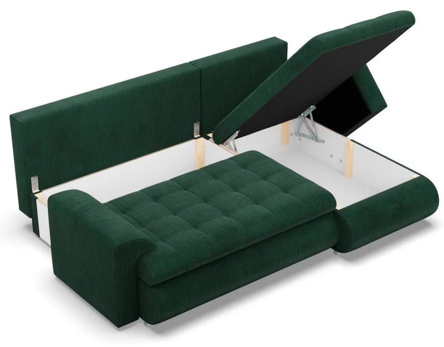 Tokio sarokkanapé, 2 ágyneműtartóval, kordbársony, jobboldali, zöld