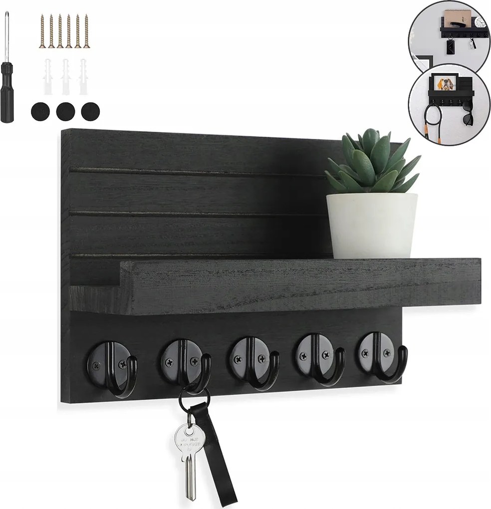 Fa Fali Ruhaakasztó Kulcsok Előszoba Polc Fekete