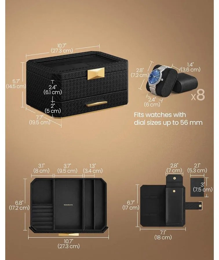 8 rekeszes óratartó doboz, tintafekete