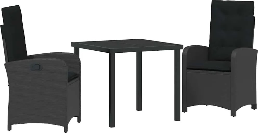 vidaXL Kert étkező szett párnával 3 pcs Fekete polirattan