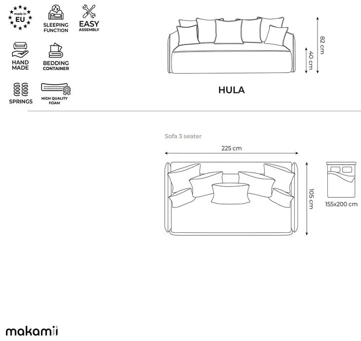 Levendula színű bársony kinyitható-tárolóhelyes kanapé 225 cm Hula – Makamii
