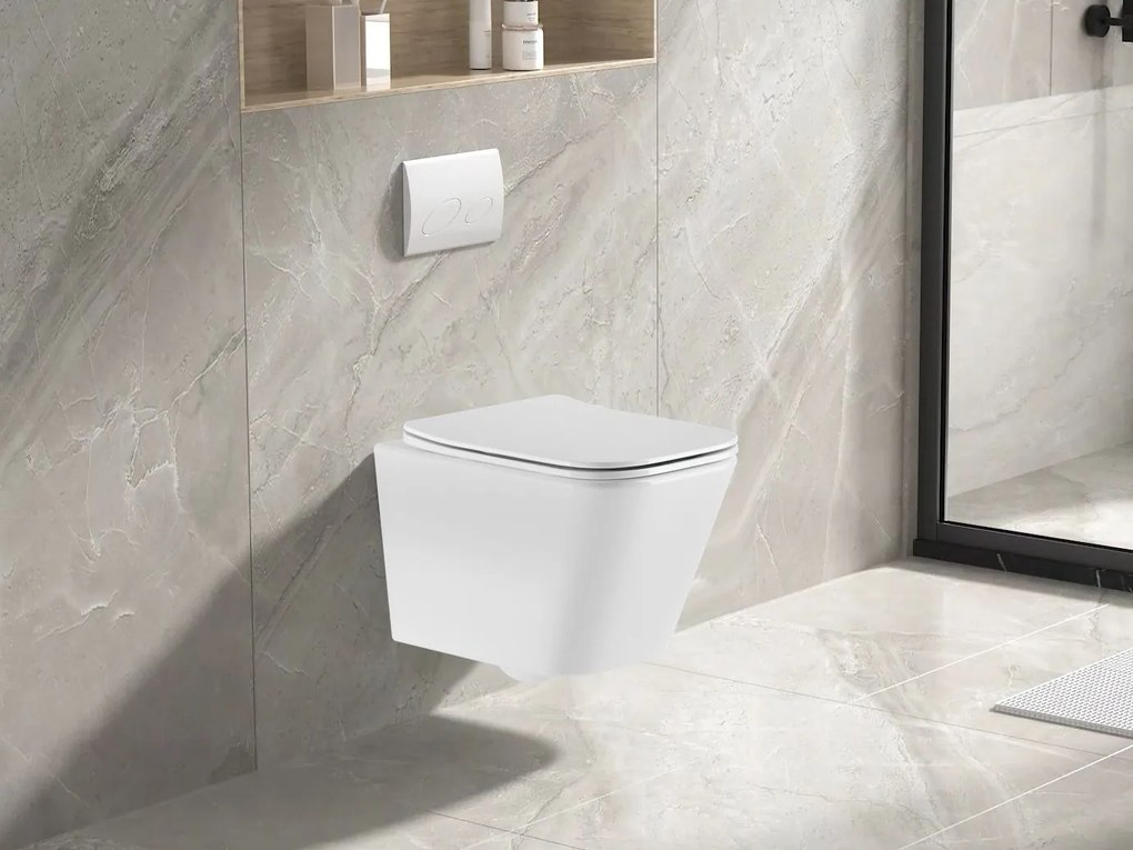 Invena Paros, falra akasztható WC csésze Rimless 465x350x360 mm + SLIM wc ülőke lassan záródó, fehér fényes, INV-CE-90-001-W