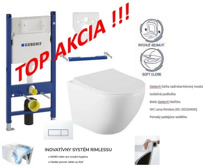 Akasztókészlet GEBERIT Duofix Basic + WC LENA Perem nélküli 48 x 36 cm + gomb + ülés, fehér, 3322XX00 + 39040100
