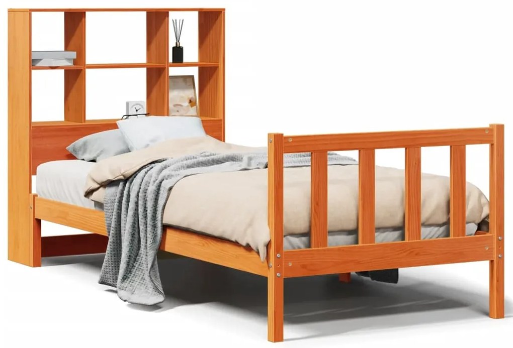 barna tömör fenyőfa könyvespolcos ágy matrac nélkül 90 x 190 cm