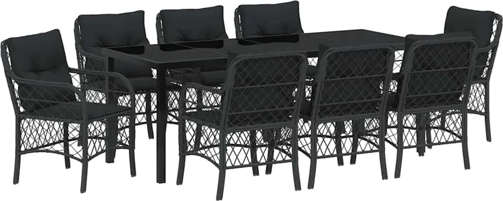vidaXL Kert étkező szett párnával 9 pcs Fekete polirattan