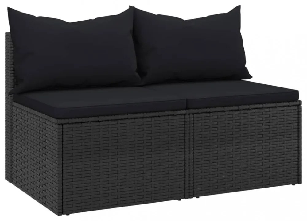 2 db fekete polyrattan kerti középső kanapé párnákkal
