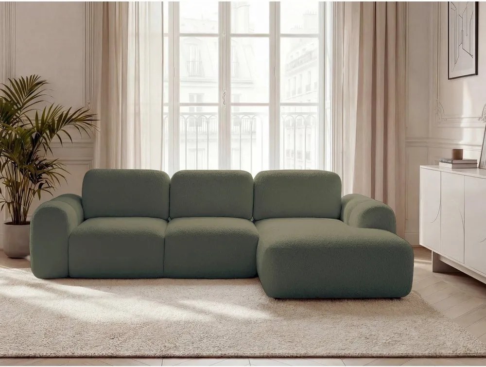 Zöld buklé kinyitható-tárolóhelyes sarokkanapé (jobb oldali-heverő résszel) Montaigne – Bobochic Paris