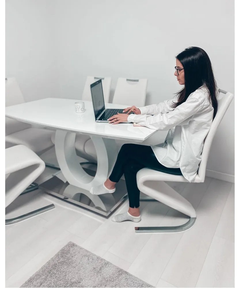 Étkezőasztal, fehér magas fény/acél, 150x80 cm, ZARNI