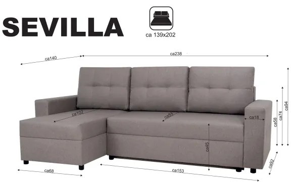 Univerzális sarokkanapé SEVILLA, szürke, ággyá alakítható, tárolós
