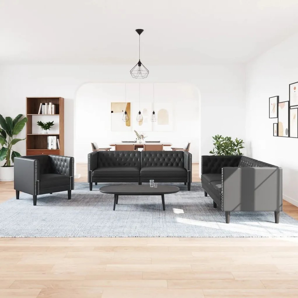 3 részes fekete műbőr Chesterfield kanapégarnitúra