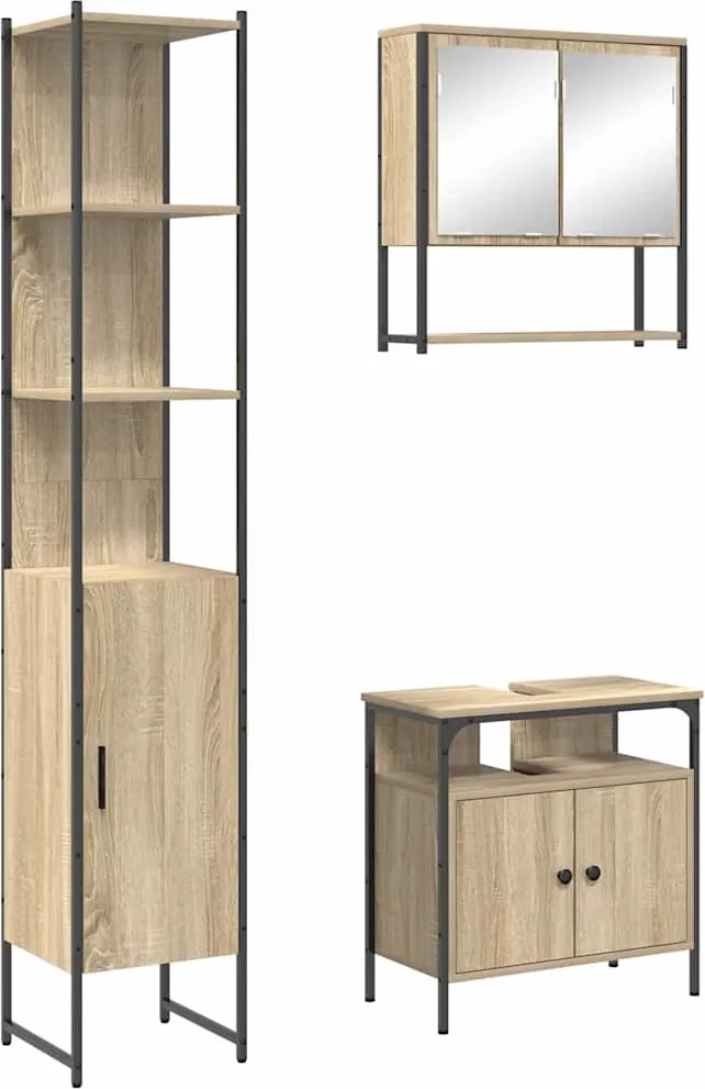 vidaXL Fürdőszoba bútor szett polcokkal 3 pcs Sonoma tölgy Faanyag
