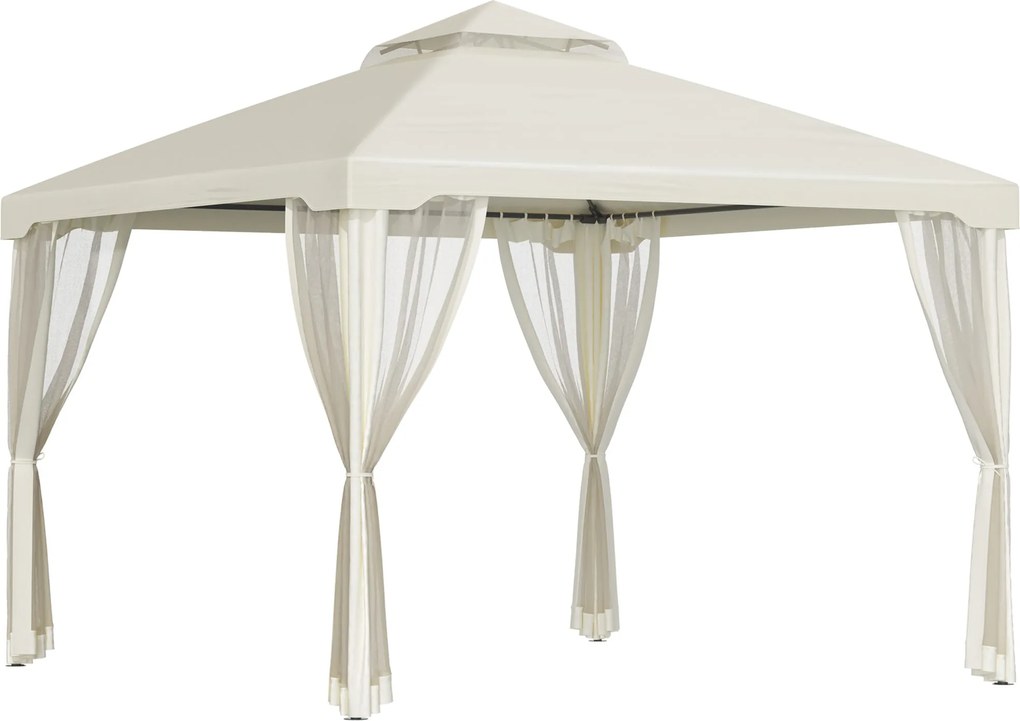 Outsunny Kétszárnyú Tetővel Ellátott Pergola, kb. 3x3m Vízálló, Stabil Téli Kerthelyiség Moszkitóhálóval, Oldalsó Panelek, Fém Kerthelyiség, Kerthez,