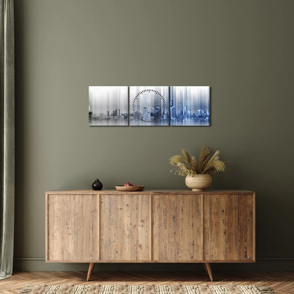 Kép - Panoráma a városra, kék-szürke (órával) (90x30 cm)
