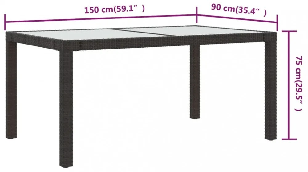 barna polyrattan és edzett üveg kerti asztal 150 x 90 x 75 cm