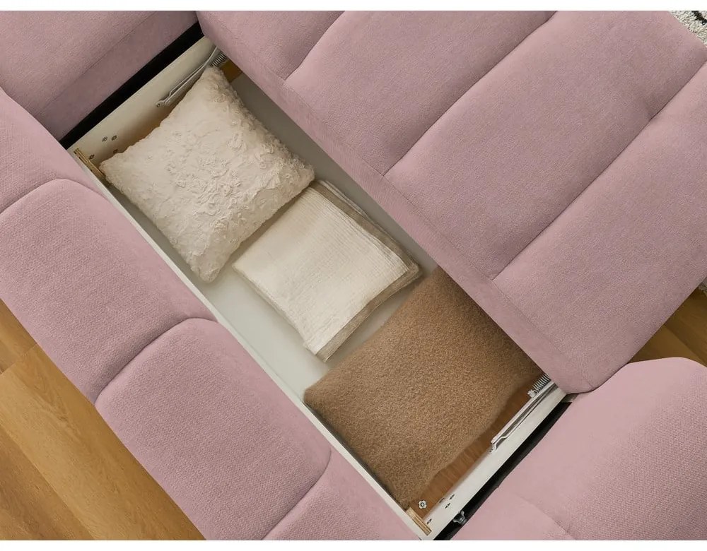 Rózsaszín kinyitható-tárolóhelyes sarokkanapé (jobb oldali-heverő résszel) Fuji – Bobochic Paris