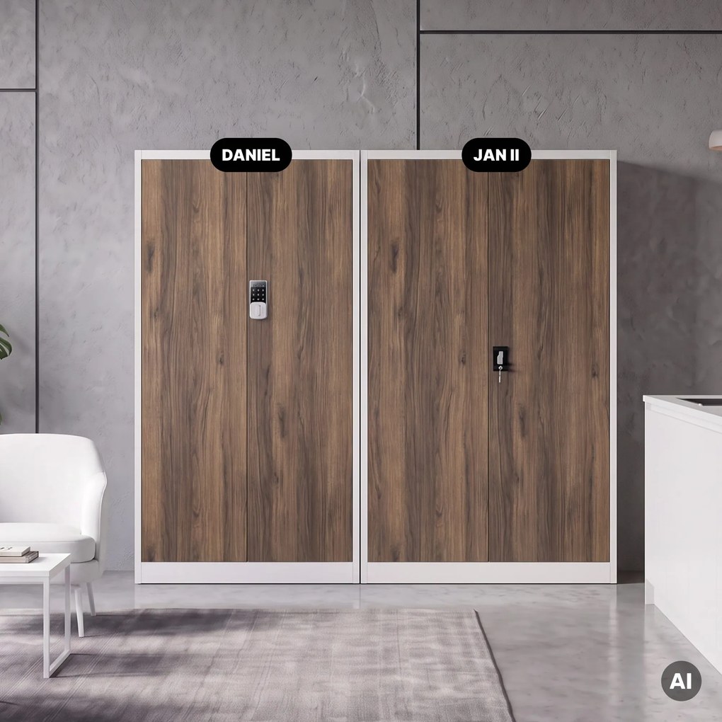 Fém irodai szekrény kódzárral, fehér, dió, 900x1850x400 mm: DANIEL Eco Design