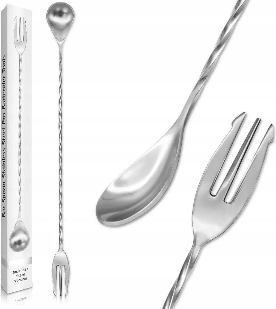 Csapos kanál acél hosszú göndör koktélvillával 40cm