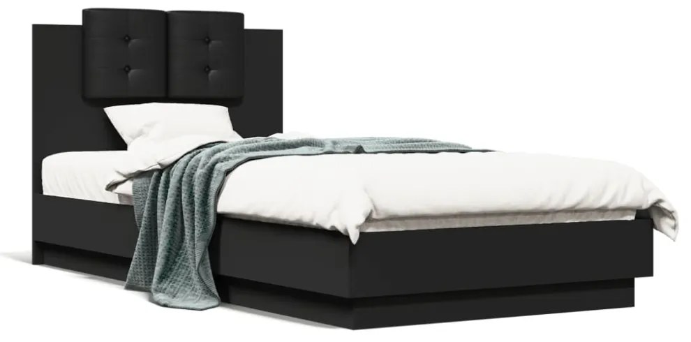 fekete ágykeret fejtámlával és LED-világítással 75 x 190 cm