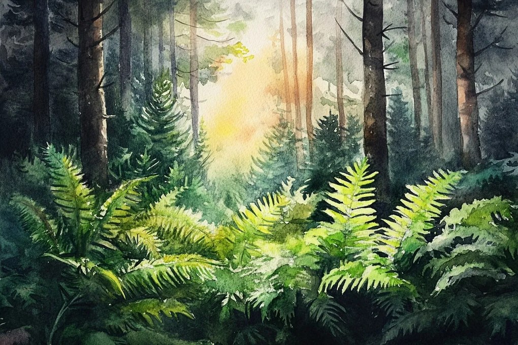 Vászonkép Canvas Akvarell Tájkép Erdő Fák Páfrány Növényzet 60x40