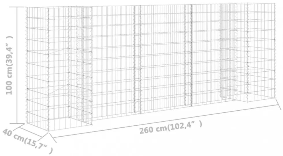 H alakú acéldrót virágtartó gabion 260 x 40 x 100 cm