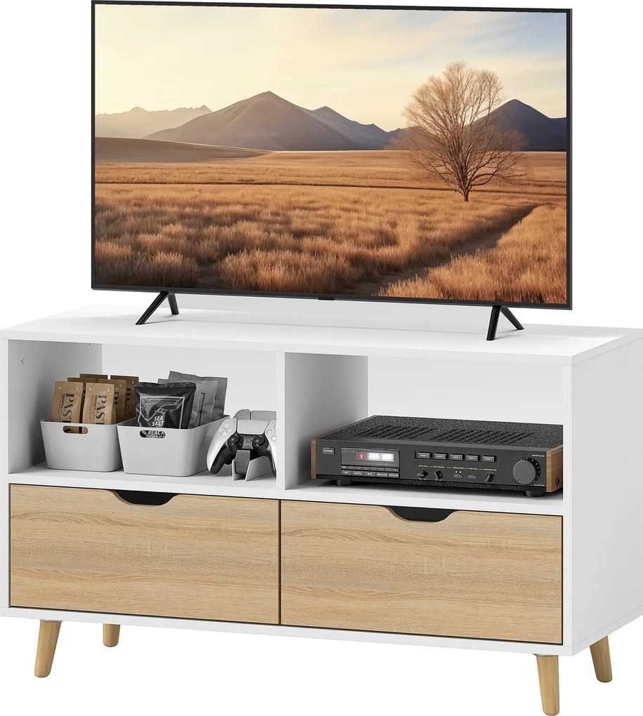 HOMCOM TV Szekrény 2 Polccal és Fiókkal, 99 cm hosszú TV Állvány a Nappaliba, Fehér, 99 x 39 x 58.3 cm | Aosom
