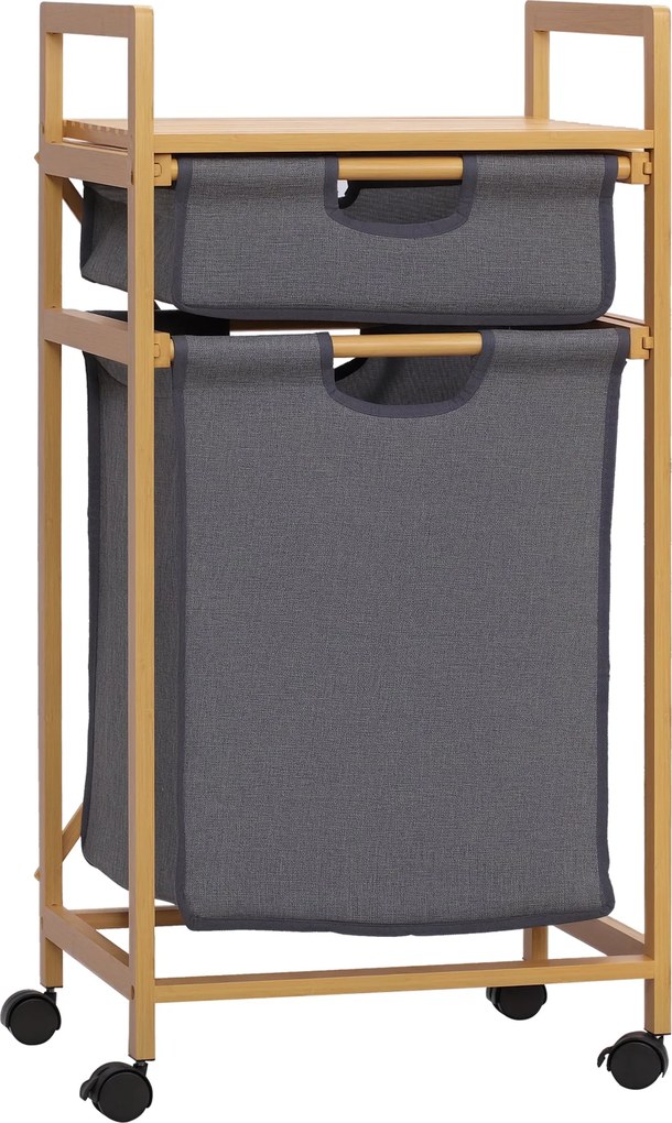 HOMCOM Bambusz Mosó Kosár, 2 Kivehető Textil Zsákkal, Nyitott Polccal, 2 Oldalsó Fogantyúval és 4 Kerekével, 42x35x85 cm - Szürke | Aosom