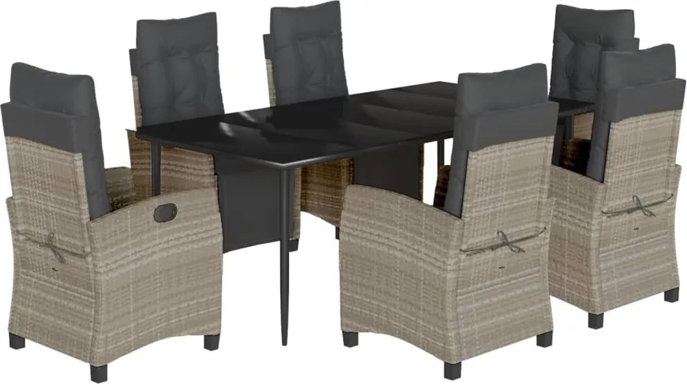 vidaXL 7 részes világosszürke polyrattan kerti étkezőszett párnával
